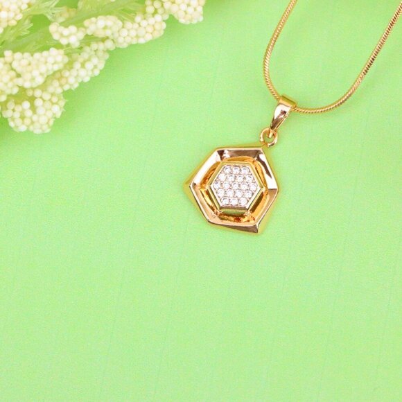 "Geometric Rose Gold Pendant with Crystal Hexagon, XPPT1575 - Picture 10 of 13